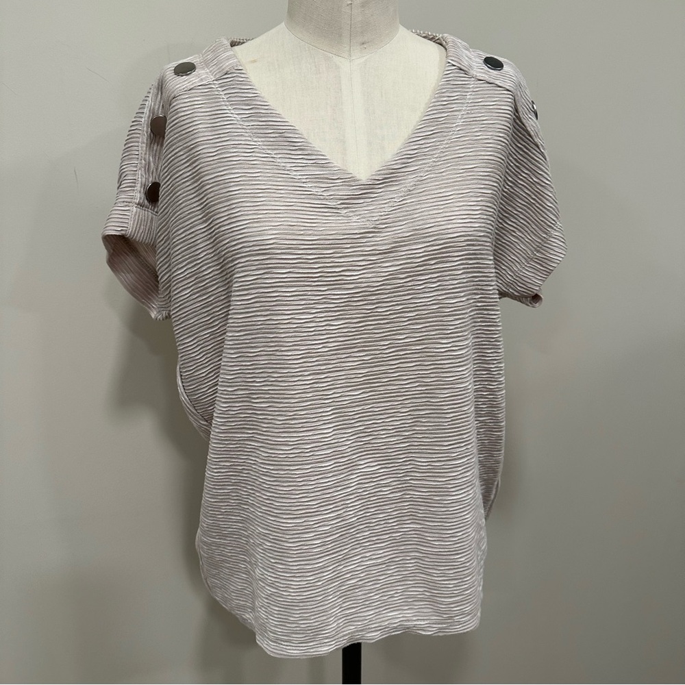 JONES NY Textured Striped V-Neck Neutral Top Size Large